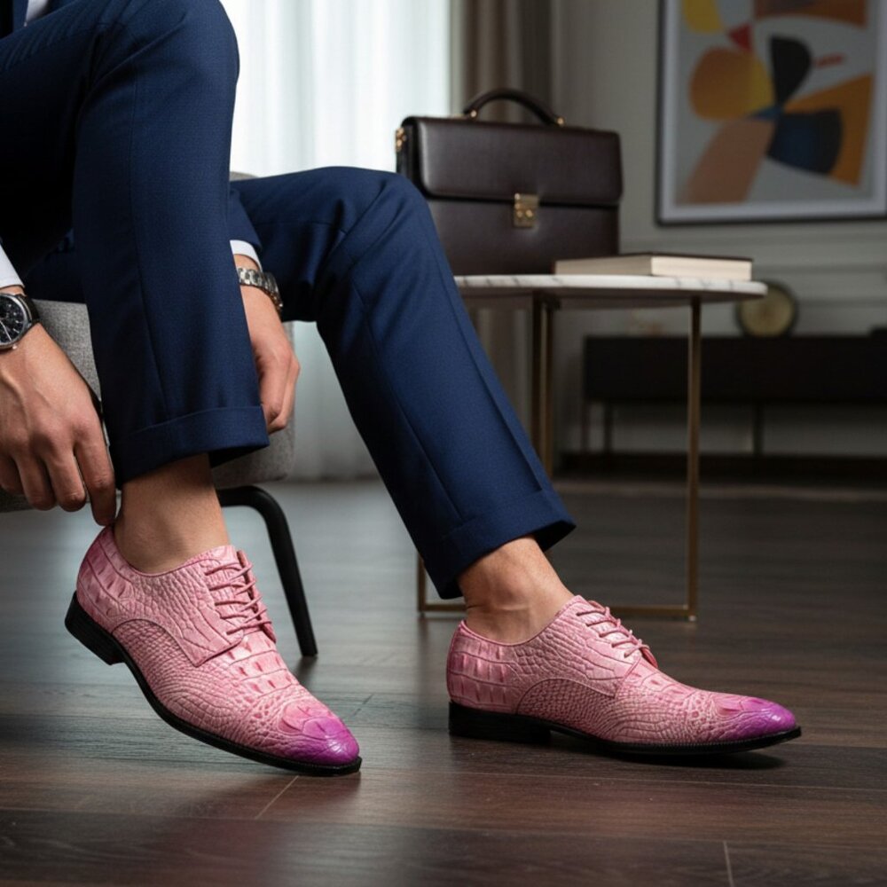Pink Men's Crocodile Embossed Lace-Up Formal Business Dress Oxford Shoes - Picture 2 of 8